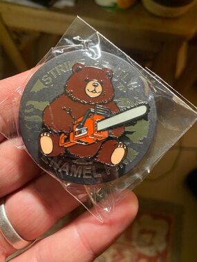 Brand New In Package Strike Gently Chainsaw Bear Enamel Pin Locking Backs